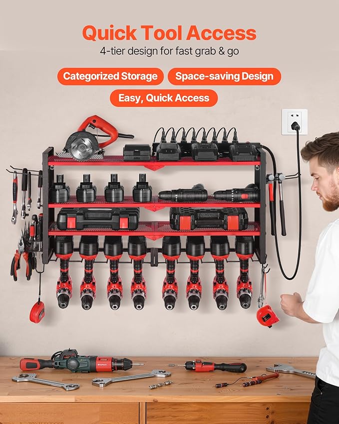 VEVOR Power Tool Organizer with Charging Station, 4-Layer Drill Storage Rack with 8 Drill Holders & Side Pegboard, Garage Tool Organizer Built in 8 Outlet Power Strips for Garage, Workbench, Workshop