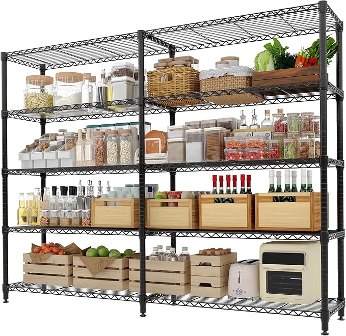 5-Tier Metal Storage Shelves, Heavy Duty Wire Rack Shelving Unit for Garage Kitchen Storage, 15.7"D x 71"W x 70.5"H Adjustable Shelf for Basement & Pantry Room Organization, Easy Assembly