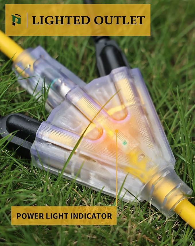 15Ft 12 Gauge Outdoor Extension Cord with 3-Outlets, 2 Pack, Heavy Duty 3 Prong Extension Cord Waterproof with Lighted end, 15A SJTW, ETL Listed, Yellow