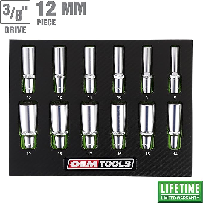 OEMTOOLS 23981 12 Piece Deep Socket Set 3/8, Deep Well Socket Set Metric 8mm-19mm, Heat-Treated Alloy Steel Sockets, Hard Chrome Finish, EVA Foam Tray