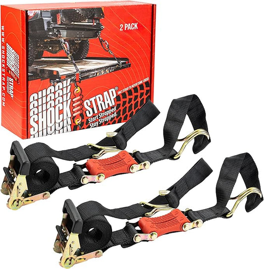 SHOCKSTRAP Ratchet Strap, 9’ x 2” Shock Absorbing Heavy Duty Tie downs for Cargo, 2,000 LB WLL / 6,000 LB Break Strength, 2-Pack