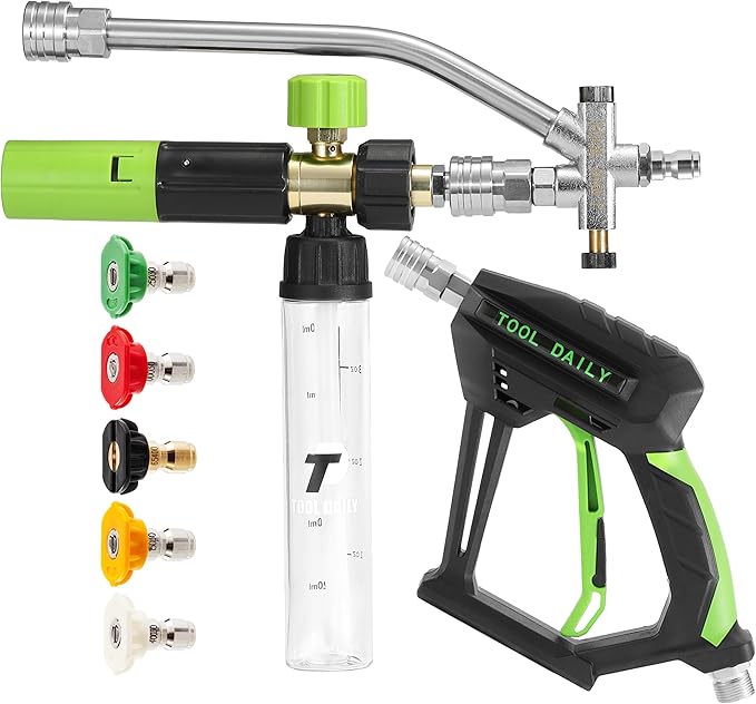 Tool Daily Short Pressure Washer Gun with Mini Foam Cannon, Dual Connector Accessory, 5 Power Washer Nozzle Tips, 1/4 Inch Quick Connect