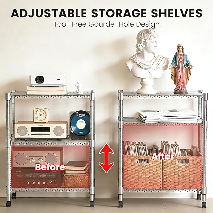 Xcity Storage Shelves, 3 Tier Heavy Duty Metal Shelving Unit with Wheels, 1050 LBS Capacity Adjustable Steel Wire Shelf Organizer for Pantry, Kitchen, Garage, 14" D x 24" W x 30" H, Chrome