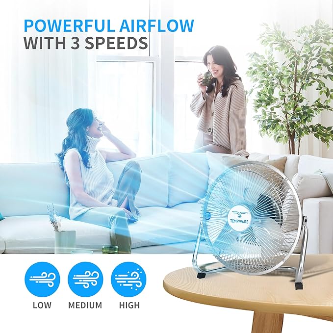 TEMPWARE 9 inch Floor Fan, 3-Speed Portable Metal Fan with Adjustable Tilt, Quiet Small Cradle Floor Fan for Home, Office, Bedroom