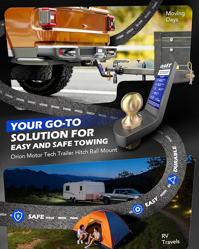 Orion Motor Tech Trailer Hitch Ball Mount, for 2" Receiver with 2" Ball 6" Drop 8000 lb. Towing Capacity, Heavy-Duty Tow Hitch Reversible Ball Hitch for Truck Boat RV Cargo with Hitch Pin & Clip