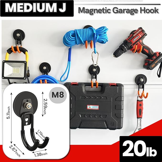 ULIBERMAGNET Heavy Duty Magnetic Garage Hooks Kit,12 Pack Strong Large Magnet Hook for Power Drill,Garden Tools,Hose,Pegboard,Garage, Workshop,Magnetic Storage Hooks for Indoor Outdoor Hanging(Black)