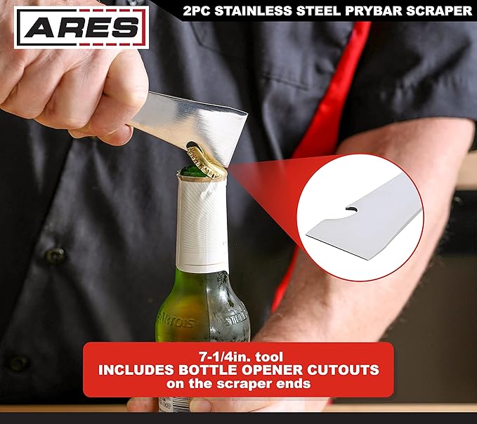 ARES 46018-2-Piece Stainless Steel Prybar Scraper Set - Ultra Sharp Scrapers Remove Residue from Steel, Aluminum, and More - Prybar Ends Offer Extra Leverage - Built-In Nail Puller and Bottle Opener