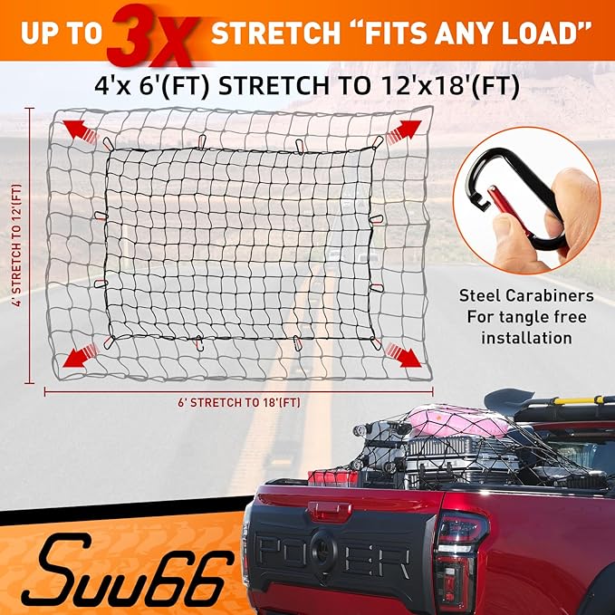 Suu66 Heavy Duty Cargo Net for Pickup Truck Bed - 4' x 6' Stretches to 12' x 18' - Sturdy Latex Bungee Net Mesh - with 12 Metal Carabiners - Truck Bed Accessories for Dodge RAM, Ford, Chevy, Toyota