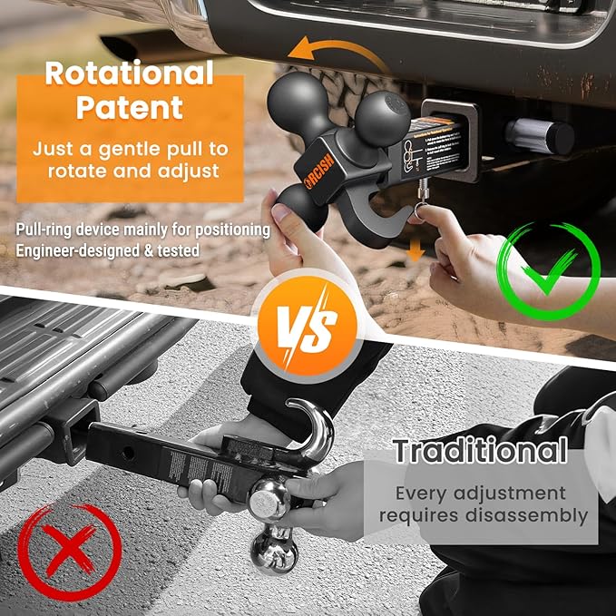 ORCISH 360° Swivel Trailer Hitch, Tri-Ball Mount with Heavy Duty Hook & Anti-Theft Lock, Matte Black Plated Trailer Ball Size 1-7/8", 2" and 2-5/16", Fit 2 Inch Hitch Receiver, Rotating Tow Hitch