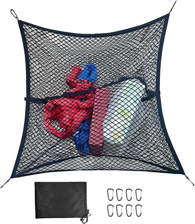 Double Layer Elastic Cargo Net 5'x5' Stretchable to 9'x9' Heavy Duty Truck Bed Organizer with 8 Metal Hooks Fit Pickup Trucks SUVs Vans Sedans