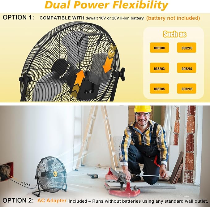 16" Battery Operated Floor Fan Compatible with Dewalt 20V Max Battery, Portable Cordless Fan with AC Adapter, USB and Type C Output, Variable Speed Fans for Jobsite Garage Camping (No Battery)