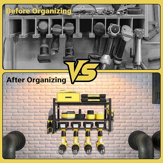 Power Tool Organizer Wall Mount, 3-Tier Heavy Duty Metal Rack Loads 180lbs with 4 Drill Holders and Side Hooks, Tool Battery Utility Rack Suitable Garage﻿