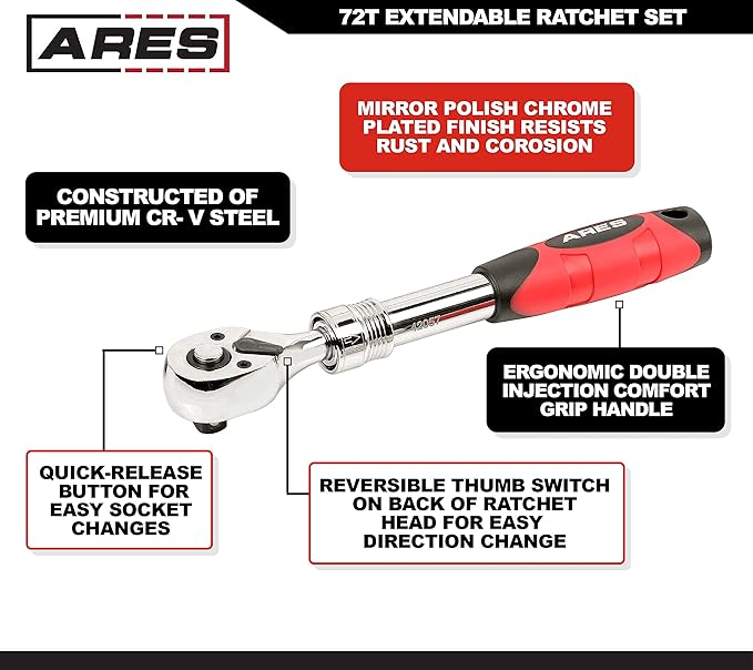 ARES 42055-3-Piece 72-Tooth Extendable Ratchet Set - Chrome Vanadium Steel - Mirror Polish Chrome Finish - Comfort Grip Injection Handle - Quick Release Socket Change - 72-Tooth Reversible Design
