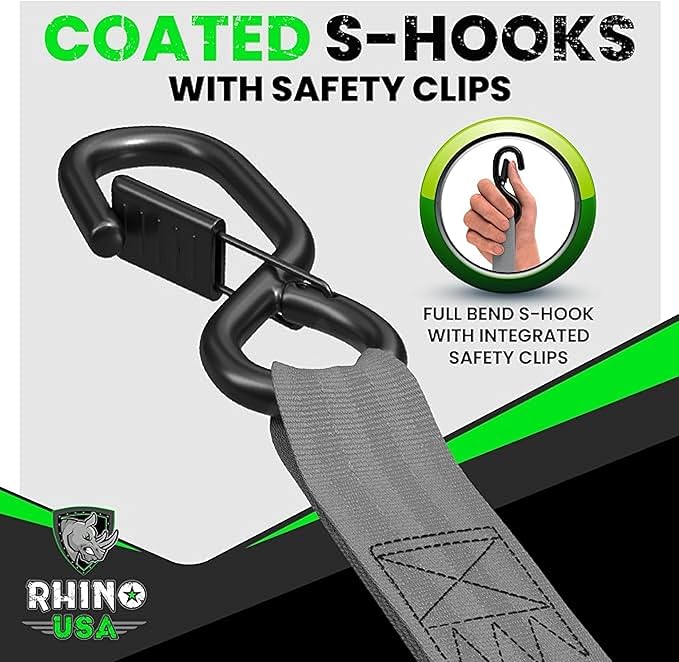 Rhino USA Retractable Ratchet Straps (2-Pack) - 1 Inch x 10 Feet (1,209lb Break Strength) - Auto Self Retracting Tie Down Straps for Truck, Cargo Trailer, Motorcycle, ATV, UTV - Gray