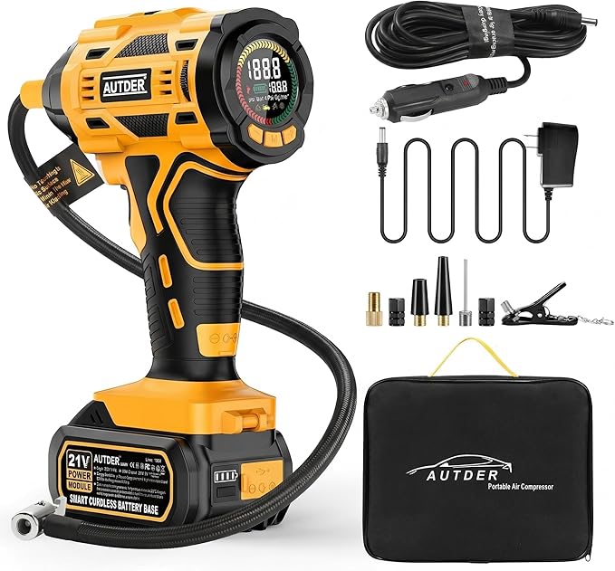 AUTDER Cordless Tire Inflator, 180PSI Portable Air Compressor with 21V Rechargeable Battery & 12V DC Car Adapter, Fast Inflation Digital Pump for Cars, Motorcycles, Bikes & Sports Balls - Black Yellow