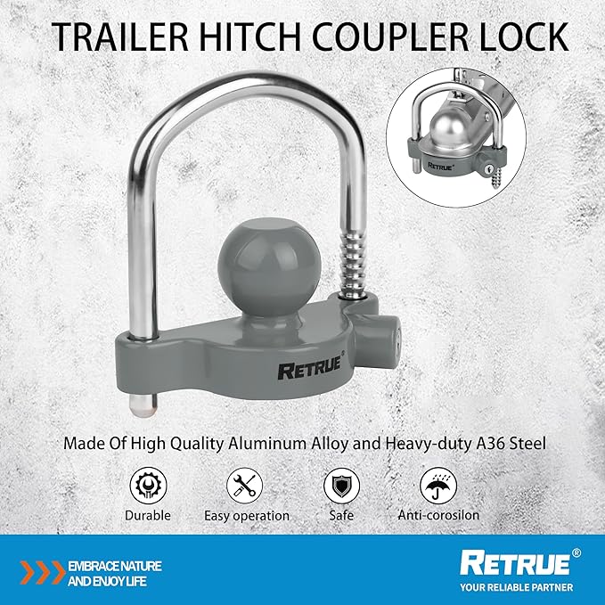 RETRUE Universal Coupler Lock Trailer Locks Ball Hitch Trailer Hitch Lock Adjustable Security Heavy-Duty Steel Fits 1-7/8 Inch, 2 Inch, 2-5/16 Inch Couplers, Grey