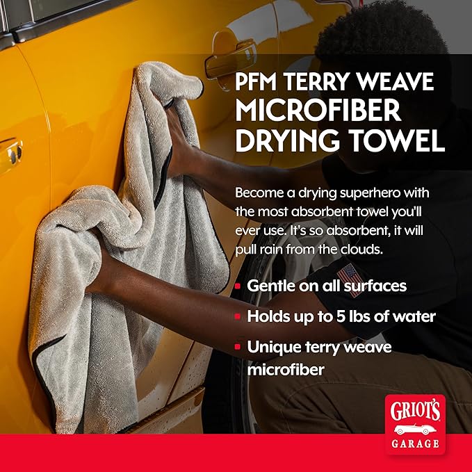 Griot's Garage PFM Terry Weave Microfiber Drying Towel for Car Wash and Cleaning, Vehicle Detailing, Double-Sided, Ultra-Absorbent, 25" X 35", 55590
