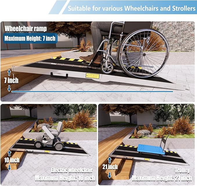 Protable Wheelchair ramp 7FT,Non-Slip Folding Aluminum Handicap Ramps,Threshold Ramps for Home,Holds up to 600lbs,Wheelchair ramp for Steps (7FT(Useing Height 7-21inch))