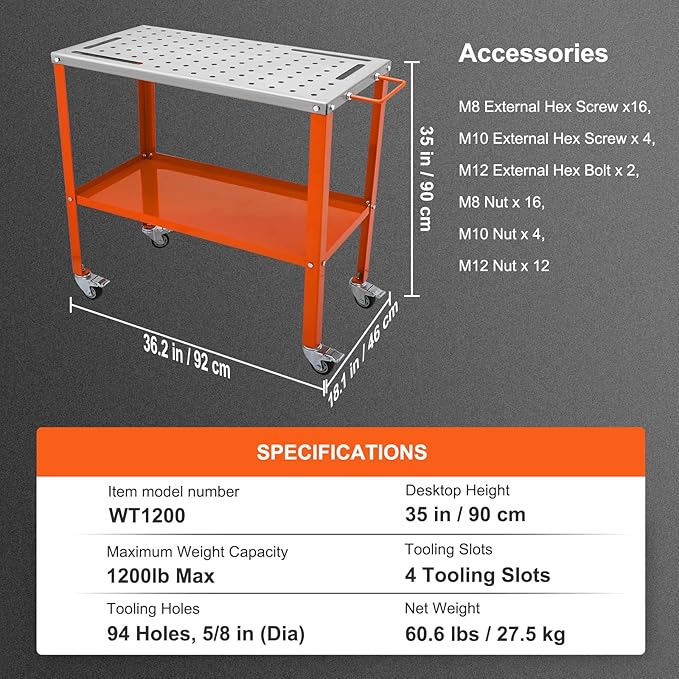 VEVOR Welding Table 36"x18", 1200lbs Load Capacity Steel Welding Workbench Table on Wheels, Portable Work Bench with Braking Lockable Casters, 4 Tool Slots, 5/8-inch Fixture Holes, Tool Tray