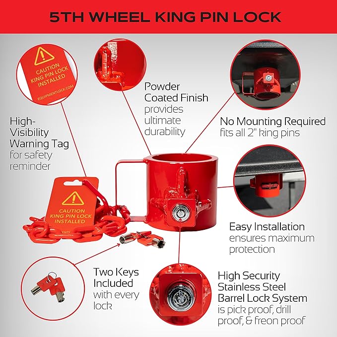 Equipment Lock 5th Wheel Trailer Kingpin Lock - Powder Coated Steel 5th Wheel Hitch Lock - Anti-Theft Tow Hitch Lock - Durable, Secure Fifth Wheel Lock for Theft Prevention and Trailer Security