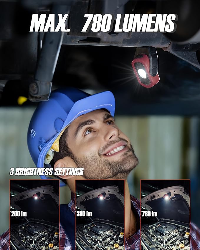 Magnetic Work Light – 780 Lumen Compact Pocket Light, Rechargeable 3000mAh, 360° Pivot, Durable & Portable for Mechanics & Jobsites (Red, 2-Pack)