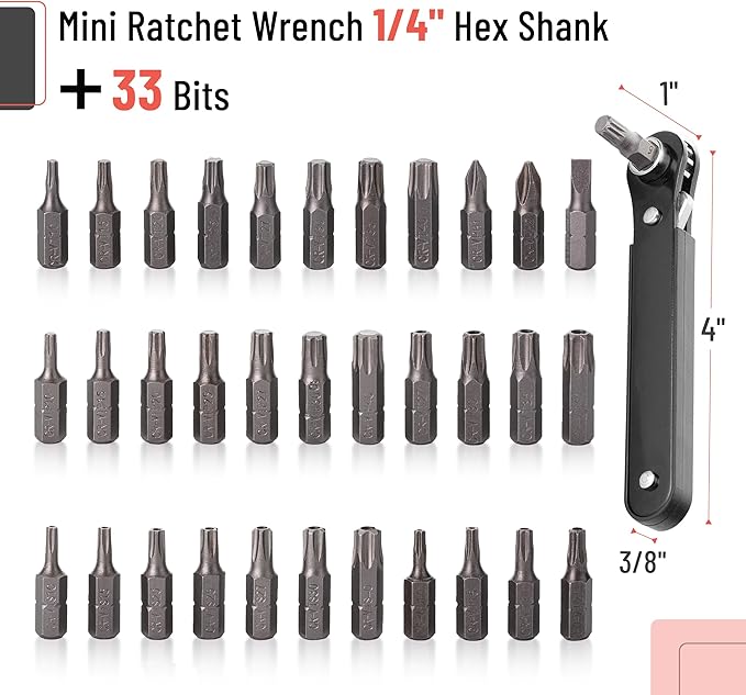 Bates Choice Mini Ratchet Set, 34 pcs, 1/4-Inch Drive, Cr-V Steel, Security Bit Set, Right Angle Screwdriver, 90 Degree Screwdriver, Torx Plus/Torx/Phillips/Slotted, Red Storage Box