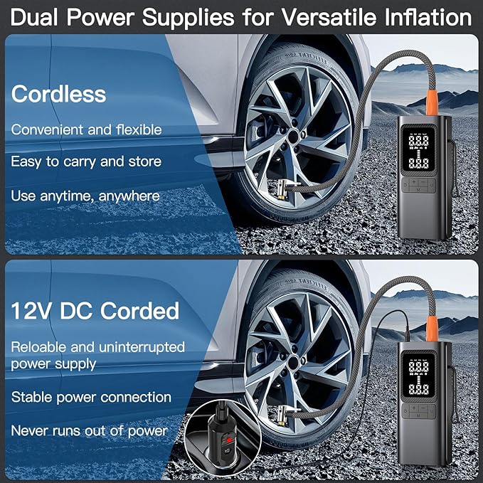 Tire Inflator Portable Air Compressor,150 PSI Cordless and 12V DC Dual Power Mini Tire Pump with Pressure Gauge Digital Display,Auto Shutoff Function & LED Light for Car,Ball,Motorcycle,Bike