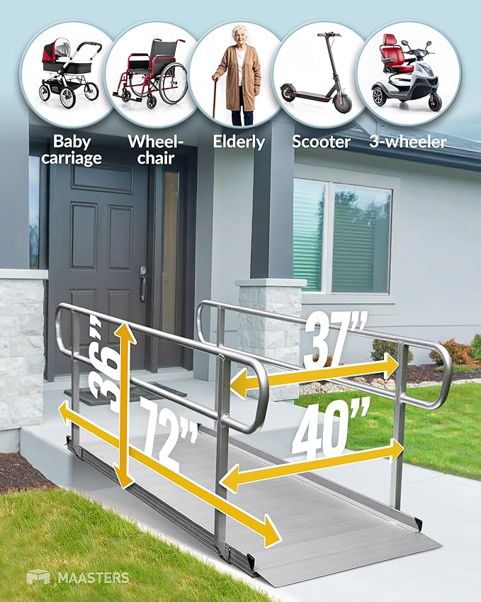 MAASTERS 6 Foot Handicap Ramp with Handrails - Loading Capacity 850 lb - for Wheelchairs, Scooters, Walkers - Non-Slip Surface