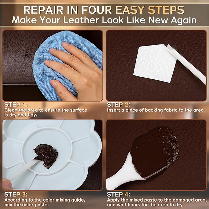 Brown Leather Repair Kit for Furniture, Leather Couch Repair Kit for Furniture, Sofa, Jacket, Purse – Super Easy Instructions to Fix Scratches, Tears, Holes, and Peeling
