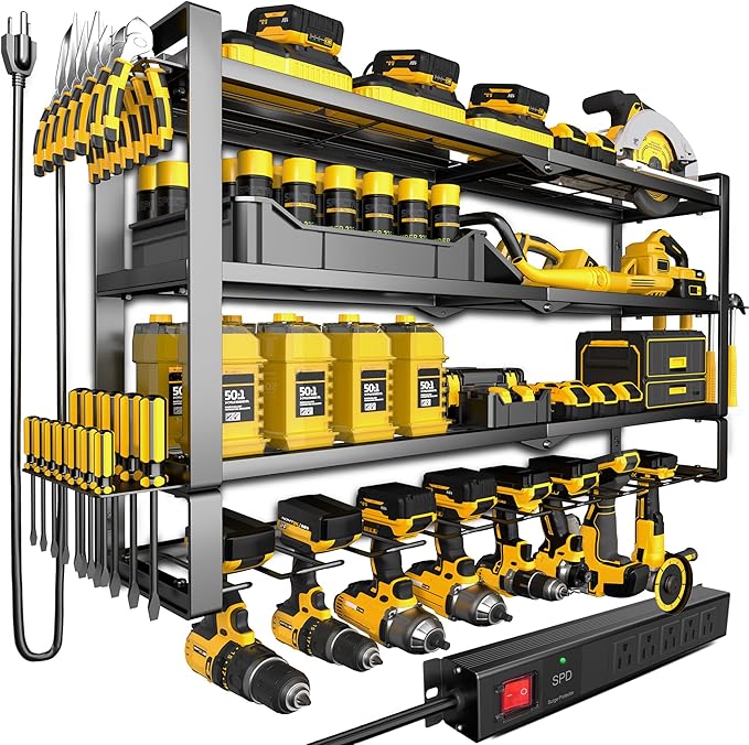 MOOMSINE Large Power Tool Organizer Wall Mount with Charging Station, 400lbs Metal Storage Rack with 8 Cordless Drill Holder, 4 Tier Heavy Duty Battery Tool Shelf with 5 Outlet Power Strip for Garage