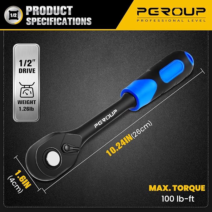1/2" Drive 90 Tooth Ratchet Wrench, Quick Release Ratchet Wrench with Ergonomic Rubber Handle, 4-Degree Swing Reversible Ratchet, Chrome Alloy Made