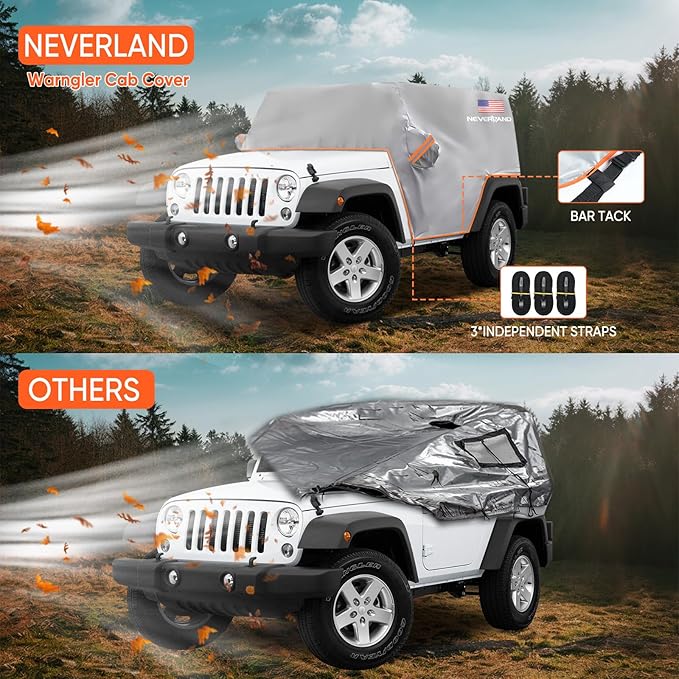 Wrangler Cab Cover for 2007-2025 Jeep Wrangler JK JL 2 Door, NEVERLAND Half Car Cover Waterproof Oxford with Reflective Strip,Sun Snowproof Cab Car Cover Silver