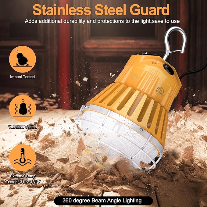 60W/48W/36W Construction LED Work Light 7800LM 5000K Daylight Linkable Portable Jobsite Light for Garage Bench Shop, Hanging Large Area Work Light Input 100~277VAC, Plug in Temp