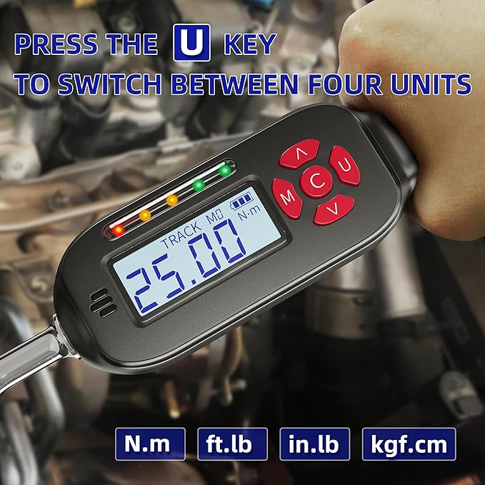 1/4 Inch Drive Digital Torque Wrench, 1.1-22.1Ft.lb/1.5-30Nm Electronic Bike Torque Wrench, ±2% Accuracy with Preset Value, Data Storage, Buzzer and LED Flash Notification for Bicycle Moto