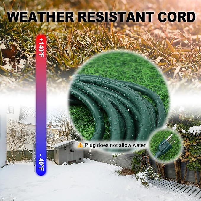 EP 50FT Green Outdoor Extension Cord, 16/3 SJTW Heavy Duty Waterproof, 3 Prong Grounded Plug, 13A 1625W 16AWG, Cold-Resistant Flexible Power Cable for Garden, Home, Christmas Lights