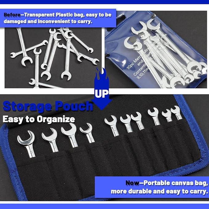 SPEEDWOX Mini Double Open End Wrench Set Metric 4mm-11mm 10pcs Super-Thin Angle Head Spanner with Storage Pouch for Assembling Furniture Small Equipment Silver GDOMW10-1394