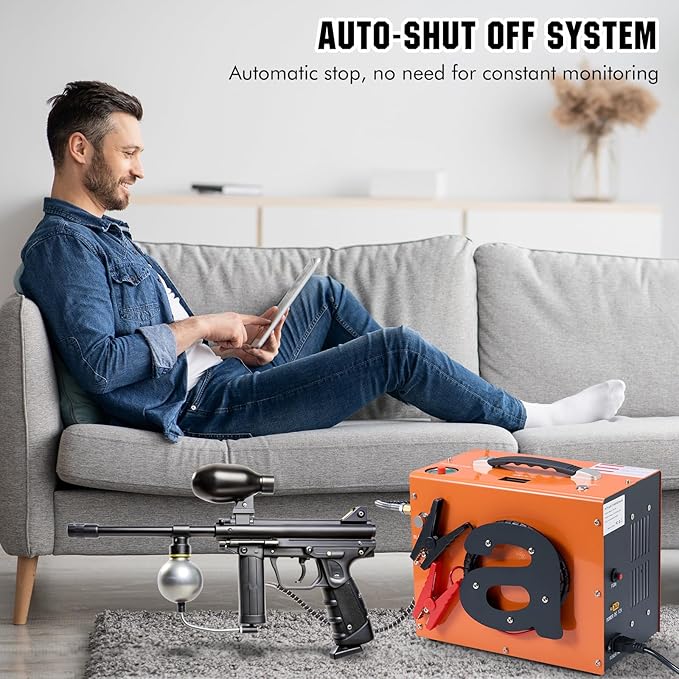 PCP Air Compressor with Atuo Shut-Off, Portable 4500Psi/30Mpa, Water/Oil-Free, One Button Start, Bursting Disc, 12V DC/120V AC PCP Airgun Compressor, Rifle/Pistol and Paintball Tank Air Pump (Orange)