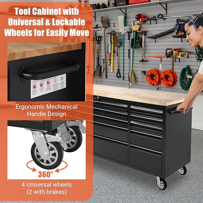 72-Inch Heavy-Duty Rolling Tool Chest & Mobile Workbench with 15 Drawers, Steel Storage Cabinet with Rubber Wood Top, Key Lock, Drawer Liners and Wheels for Garage, Workshop, Black
