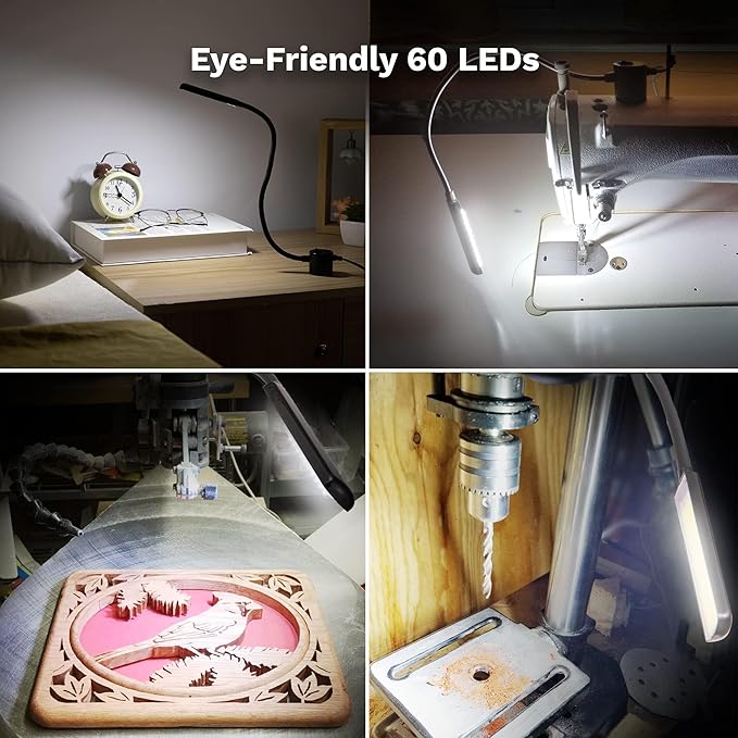 FAJ Sewing Machine Light, Magnetic, Flexible 60 LED Work Lights, Bandsaw Accessories, Scroll Saw with Extra Long Gooseneck - Mount Anywhere Discs (2) Included