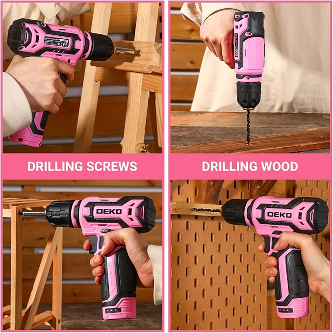Cordless Drill：DEKOPRO 12V Power Drill Set with Pink 800RPM Electric Drills with Tool Set Gift Box, Pink Drill Set for Women