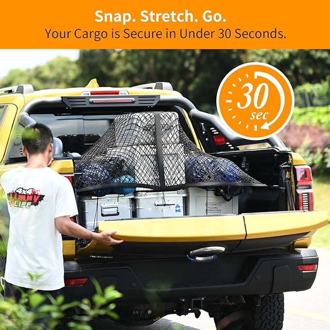 Highly Elastic Cargo Net - Heavy-Duty Truck Bed Cargo Net for Pickup Trucks, Vans, and SUVs | 4x4 FT Stretches to 7x7 FT, Perfect for Daily Light Loads