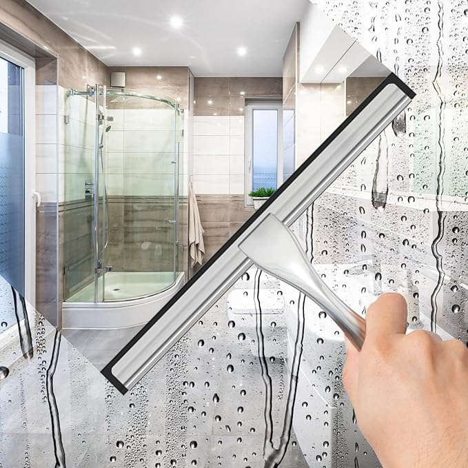 All-Purpose Stainless Steel Shower Squeegee for Shower Doors with 2 Adhesive Hooks, Bathroom Cleaner Tool Household Window Mirror Squeegee for Home Cleaning, Glass Door, Tile Wall, Car, 12 Inch Silver