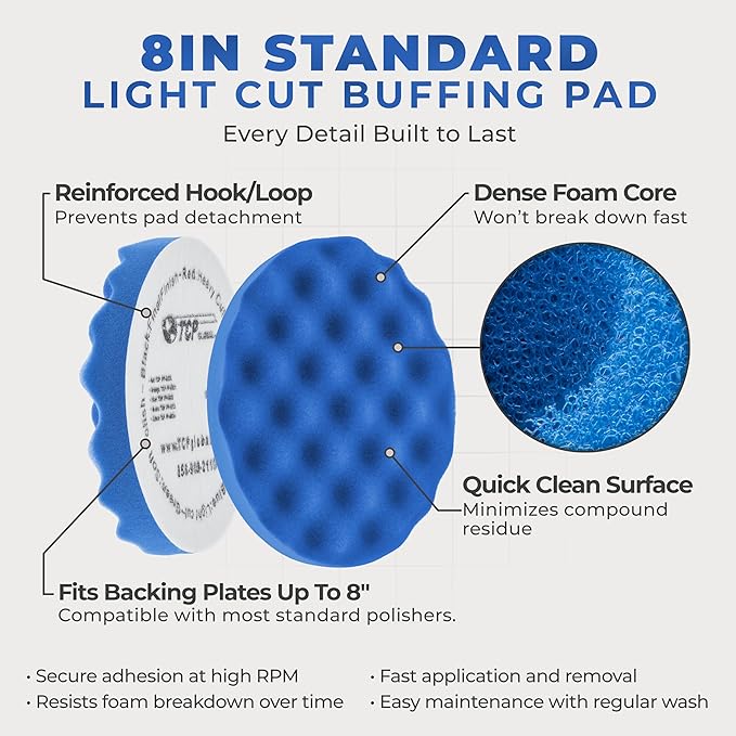 TCP Global 8" Blue Waffle Foam Buffing Pad Hook and Loop Backing - Light Cut Pad for Polishing, Automotive, Marine, Truck, RV & Compound Cutting, Car Polishing Pads