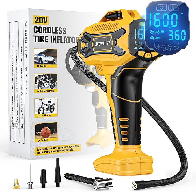 Tire Inflator Air Compressor Compatible with Dewalt 20V Battery, LIVOWALNY 160 PSI Cordless Portable Electric Air Pump 2026 Bigger LCD Digital Pressure Gauge for Car, Bike, Sport Ball (No Battery)