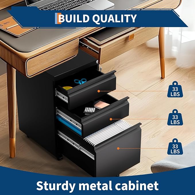 GAOMON 3-Drawer Mobile File Cabinet with Lock, Metal Filing Cabinet on Wheels, Fits Letter/Legal/A4 Files, Space-Saving Under Desk Office Storage Organizer for Home Office, Easy Assembly, Black