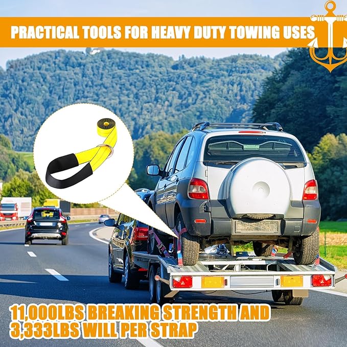 12 Pack Lasso Tow Truck Straps with D Ring 11, 000 Lbs Break Strength D Ring Auto Tie Down Wheel Lift Trailer Strap for Hauling Utv SUV Wrecker Rollback (2" X 10ft,Yellow)