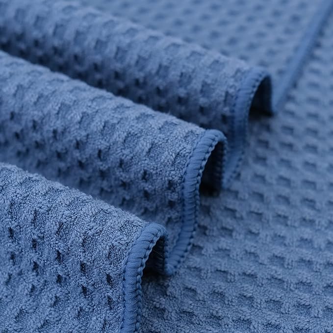 POLYTE Ultra Premium Microfiber Kitchen Dish Hand Towel Waffle Weave, 8 Pack (16x28 in, Blue)
