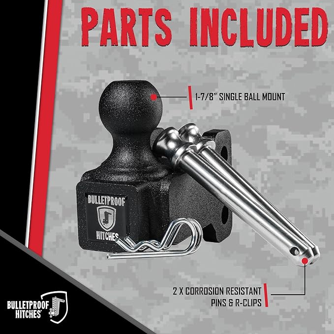 BulletProof Hitches - Adjustable Trailer Hitch 1-7/8" Single Ball Mount - Replacement 1-7/8" Ball Hitch Rated up to 8,000 lbs - Solid Steel, Corrosion Resistant, Black Powder Coat