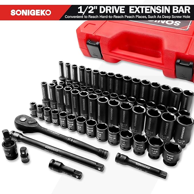 1/2" Drive Impact Socket Set,66-Piece 6 Point Deep&Standard, CR-V Steel Sockets with Drive Ratchet Handle, extension bar (Metric and SAE, 1/2" Socket Sets, 66pcs)