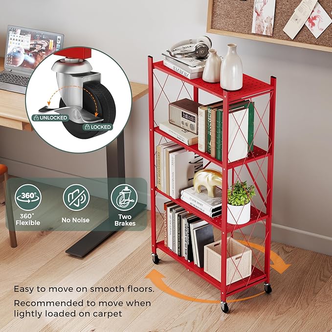DEANIC 4 Tier Foldable Storage Shelves with Wheels, Large Capacity Shelving Unit, Freestanding Metal Wire Shelf Rack, No Assembly Organizer Rack for Garage Kitchen, Basement(Red)
